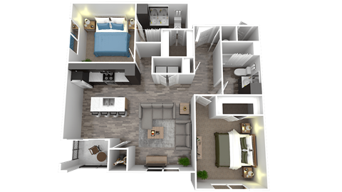 Floor plan for 2 beds, 2 baths, 1136 sqft